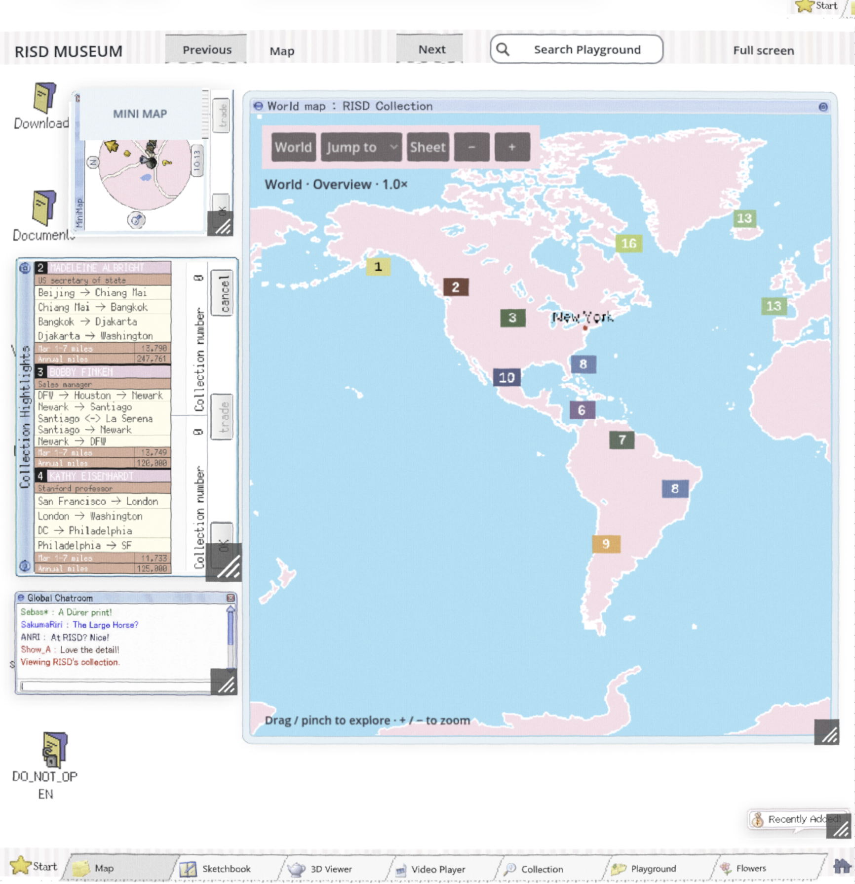 The Map tab: a world map of the RISD collection with numbered markers, beside a mini map, collection highlights and a chat window