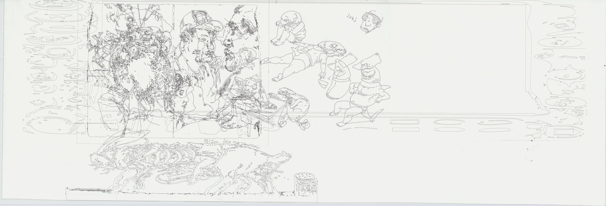 Line drawing on a wide sheet with figures