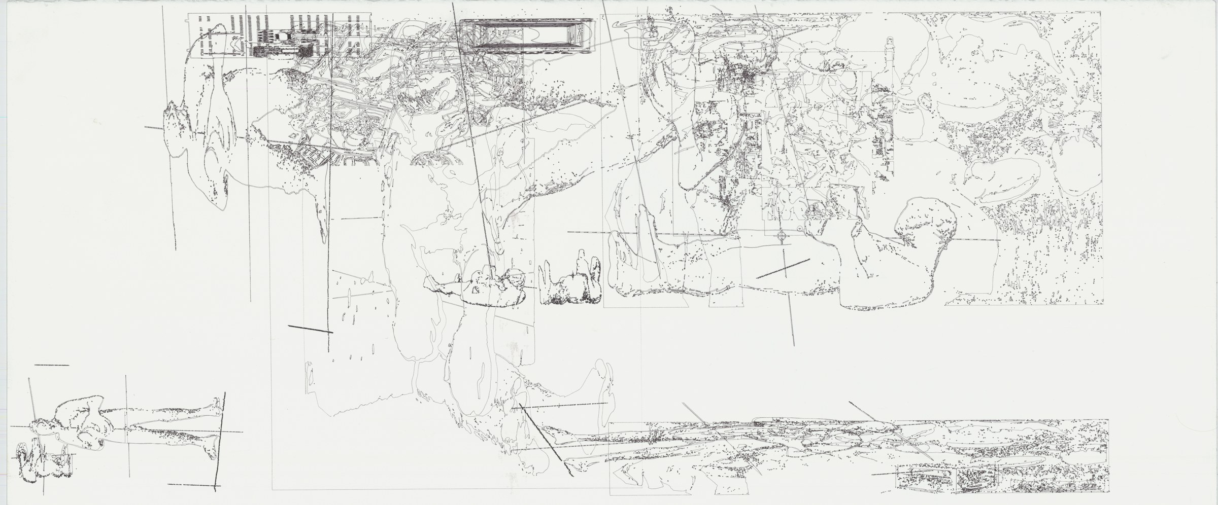 Line drawing on a wide sheet with fragments of landscape