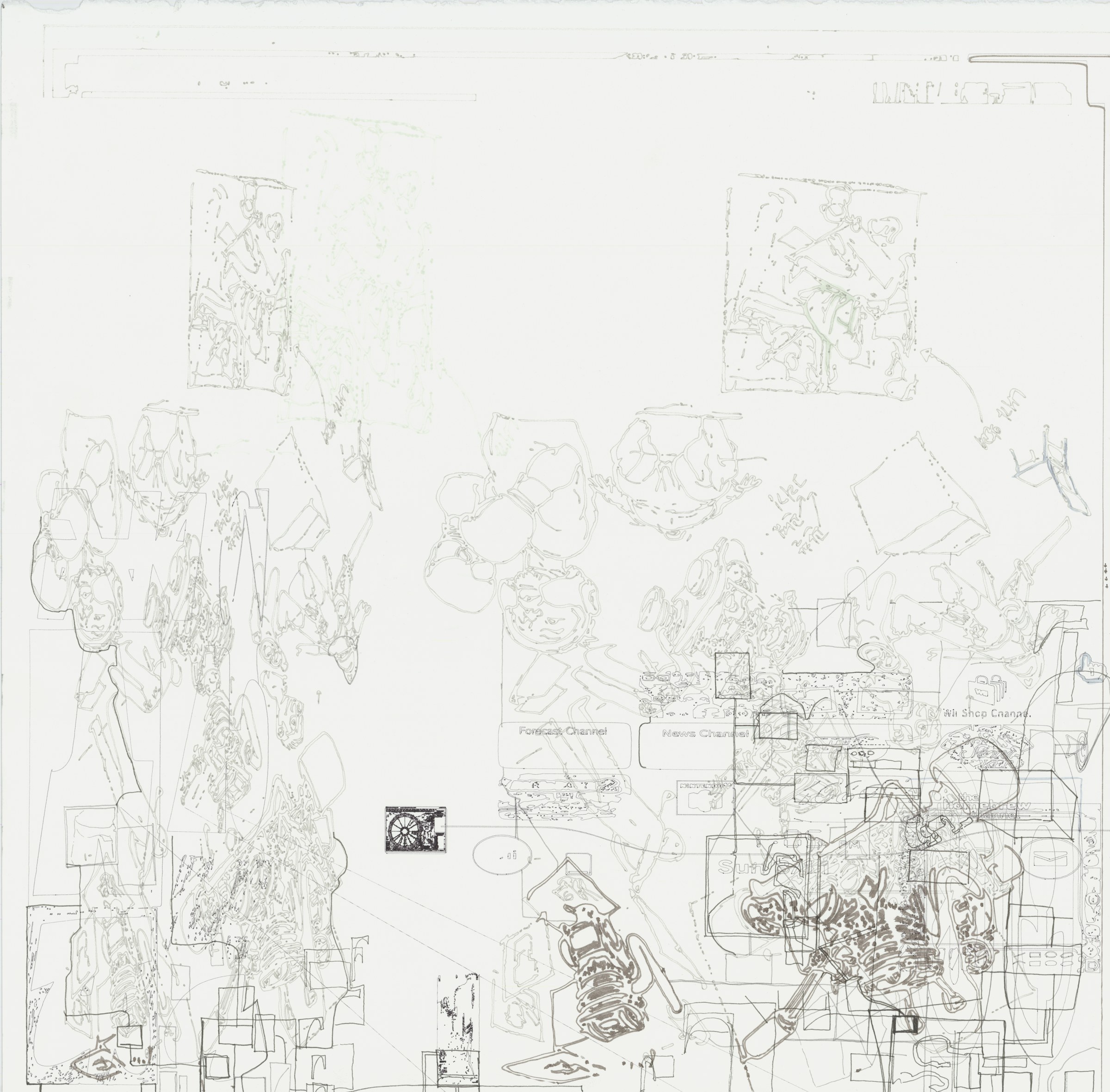 Line drawing, a collage of figures and fragments of computer screens