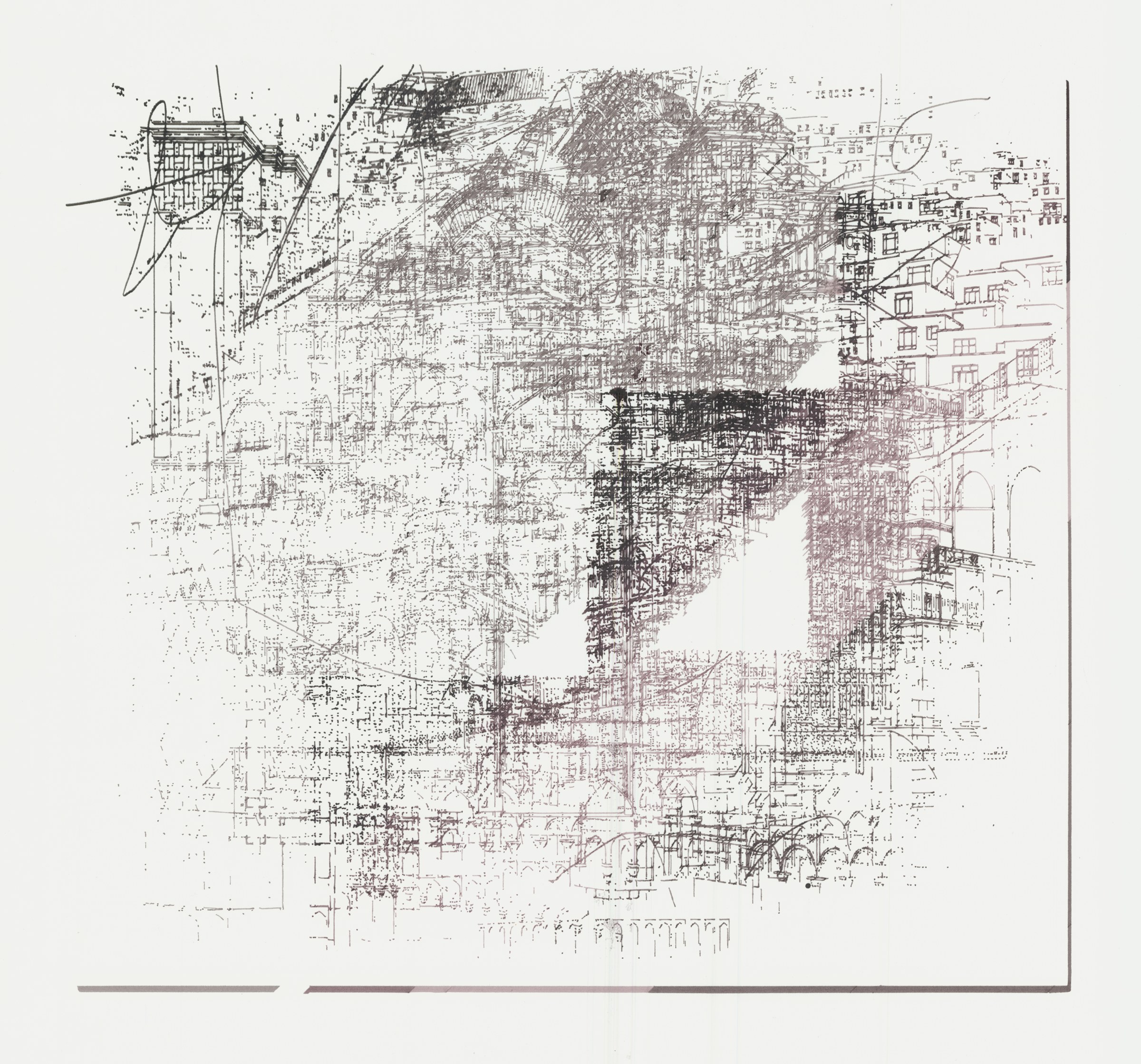 Line drawing, a dense cityscape in dark line