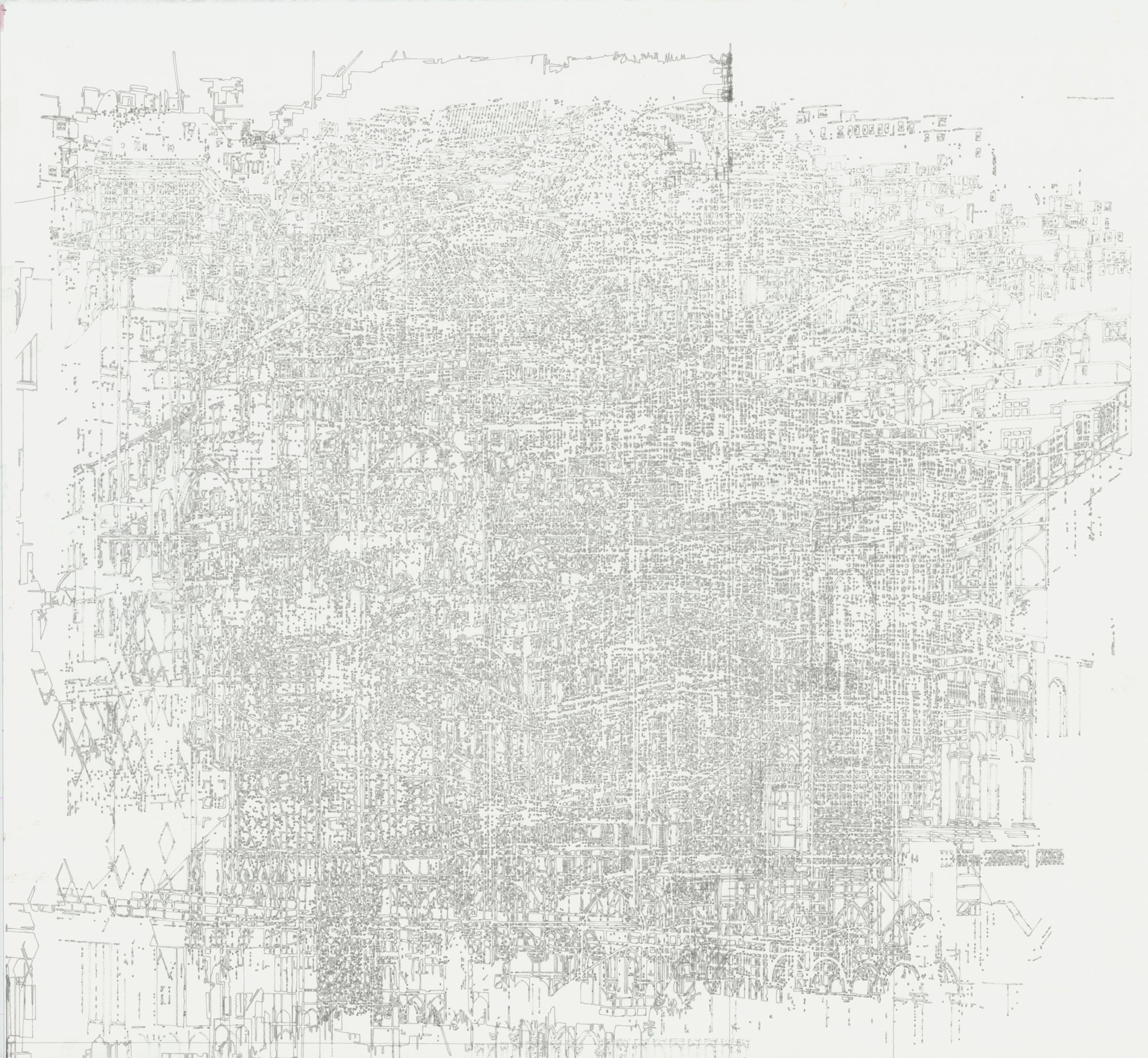 Line drawing, a dense cityscape in light line